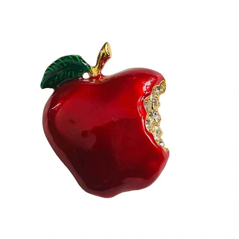 Vintage Brooch Shiny Apple Red Enamel Gold Tone Rhinestone Premier Designs